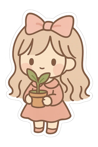 A cute and minimalist sticker of a girl holding a green plant, elegant and girly mood, color palette includes pink, beige, and green. sticker
