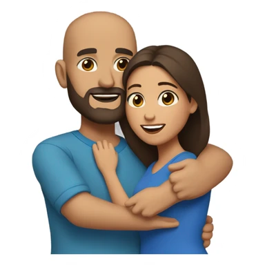 Comforting hug from brunette Puerto Rican with dark brown eyes wearing a cute blue top to short, bald man with brown eyes and a beard wearing a brown sweater sticker