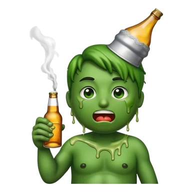 A puke emoji holding a lit cigarette in one hand and a beer bottle in the other sticker