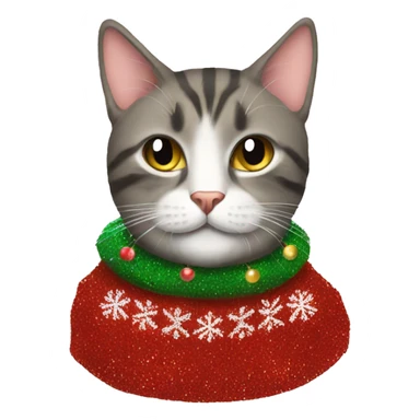cat wearing christmas sweater and a glitter beard sticker