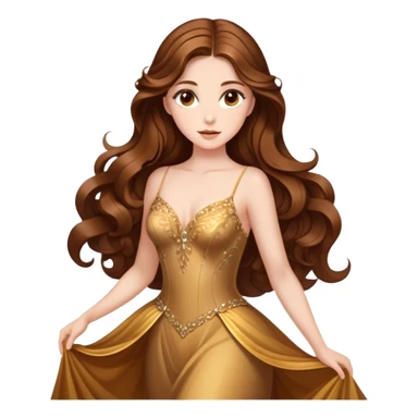 Cinematic Stunning Belle Portrait Emoji, Deep brown eyes full of curiosity, long chestnut hair flowing in soft waves, wearing her golden ballroom gown, glowing with warmth and elegance, a princess whose beauty is as radiant as her mind! sticker