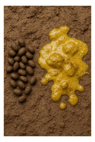 feci di animale a palline viste dall'alto e feci di animale liquide e gialline viste dall'alto, iperrealistico 4k sticker