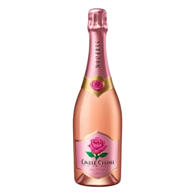 bottle of sparkling rosé champagne with a rose logo on the label, tilted up and to the right, no glass sticker