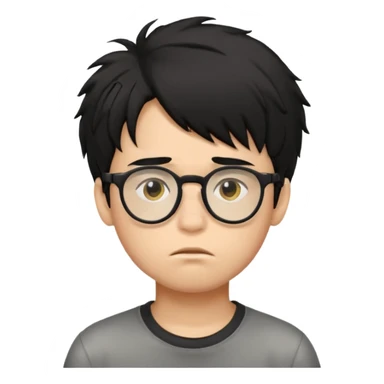 
young boy, 18 years old, messy black hair, glasses, sad face emoji sticker
