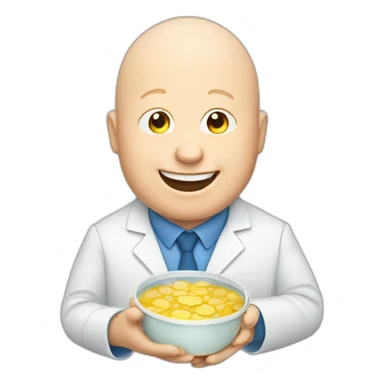 Matt Lucas holding a petri dish and smiling sticker