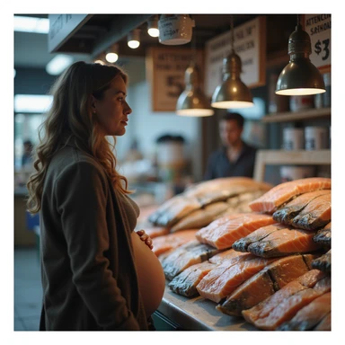 realistic pregnant woman in 4K talking to a fishmonger in front of a sign that says: 'Attention, consuming raw salmon may pose risks during pregnancy' sticker