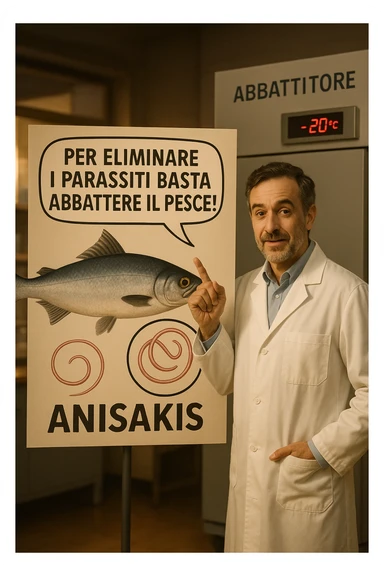 cinematic a scientist in a white lab coat stands beside a large poster showing a fish and a diagram of the Anisakis parasite. The scientist points to a speech bubble that says, “Per eliminare i parassiti basta abbattere il pesce!” In the background, a blast freezer is visible, with a temperature gauge set to -20°C. The mood is informative and reassuring. In italiano sticker