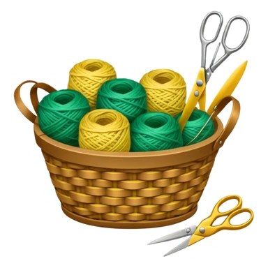 A tidy basket with neatly arranged green and yellow skeins and scissors. sticker