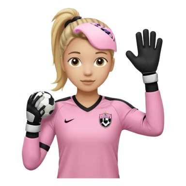 Make a dirty blonde football goalkeeper with goalkeeper gloves on. The girl is light skinned and wearing a light pink football kit. Wearing one ponytail on back of head. Make it without the whole body. With full sleeves. No RUGBY BALL JUST BLACK AND WHITE BALL. Holding ball under armpit sticker