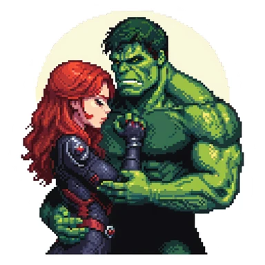 Hulk and Black Widow lullaby scene, Black Widow with red hair calming down the green Hulk, sun's getting real low gesture, Hulk transforming back sticker