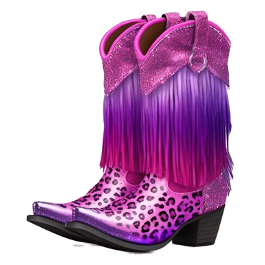 Realistic hot pink to purple ombre leopard print pair of fashion cowgirl boots with sparkly shiny glitter fringe on them. sticker
