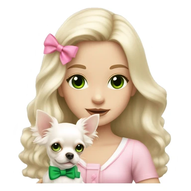 pale blond girl with wavy long platinum hair with green eyes holding a white chihuahua puppy that wearing a pink bow sticker