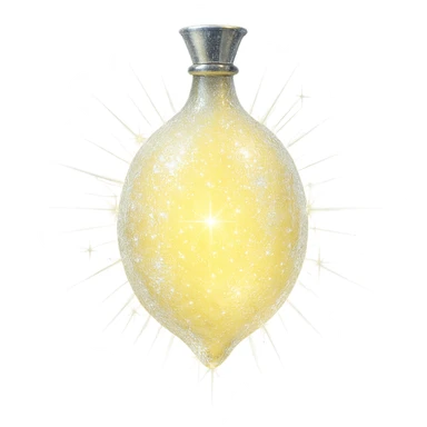 frozen lemon-shaped luxurious elixir bottle, frosty pale yellow color, icy sparkling effects, iridescent and silver details, intense magical glowing, very small neck, seamless bottom, transparent background, floating, no base or shadow, modern, matching a collection sticker