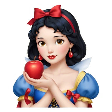 Cinematic Realistic Snow White Portrait, depicted with lifelike skin texture, soft natural lighting, and intricately detailed black hair styled with a red ribbon. Her soft brown eyes radiate innocence and kindness, complemented by a warm, gentle smile. She holds an apple in one hand, her other hand resting against her cheek, embodying her purity and charm. She is dressed in her classic yellow, blue, and red gown, the fabric rich in texture with delicate folds that catch the light beautifully. The portrait features a soft, natural glow with a radiant finish, capturing the essence of timeless beauty in a realistic and painterly style. sticker
