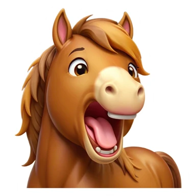 Cinematic Cute Yawning Bay Horse Portrait Emoji, Head tilted slightly with a dramatic, wide-open yawn, revealing a smooth bay fur with a subtle luster, floppy ears slightly drooping, round amber eyes barely open in drowsy contentment, Simplified yet irresistibly adorable features, highly detailed, glowing with a soft, cozy glow, high shine, relaxed yet expressive, stylized with a touch of equine whimsy, bright and endearing, soft glowing outline, capturing the essence of a sleepy yet affectionate horse, so drowsy it feels like it could stretch out of the screen and curl up for a nap! sticker