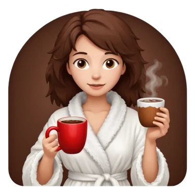 {
      "type": "human",
      "look": "fluffy robe woman, messy hair, holding cup of cocoa",
      "description": "a woman in a fluffy robe with messy hair, holding a cup of cocoa"
    } sticker