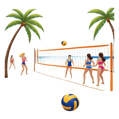 A volleyball resting on the orange sand of a beach, with a volleyball net in the background. The scene includes a beautiful beach landscape with blue sea, sky, and palm trees, while a couple of women in swimsuits play in the distance, capturing the relaxed yet competitive vibe of beach volleyball. sticker