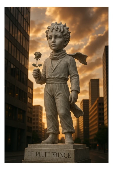 Ultra-realistic marble statue of the Little Prince with a rose in his hand, standing in a modern city. Pedestal engraved with [TEXT]. Sunset, dramatic low-angle view. sticker