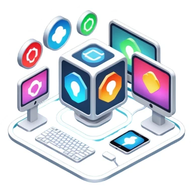 isometric, image of computer systems, processes, data integrating together sticker