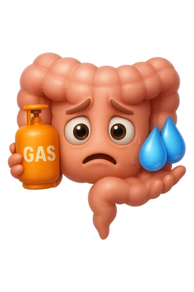 EMOJI STILE IPHONE DI un'intestino preoccupato che ha una bombola di gas con la scritta "GAS" SOPRA in mano e due gocce di acqua in 3d nell'altra mano, IPERREALISTICO 4K sticker
