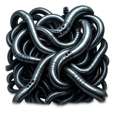 Enhance the tangled cables with metallic, chrome, and steel surfaces, biomechanical, Giger-inspired, dark and surreal. sticker