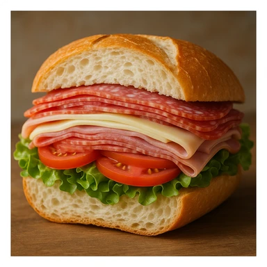 a classic Italian sub sandwich, cut in half to show fillings, with salami, ham, cheese, lettuce, and tomato sticker