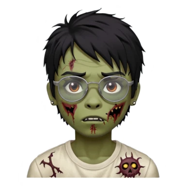 Boy, zombie, black hair, medium long, emo, shaggy, dark, spooky, creepy expression emoji, add dolce gabanna glasses, a risk on the eyebrow, some tattos  sticker