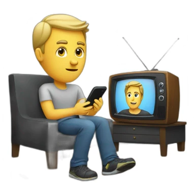 a man looking a phone in front of a television sticker