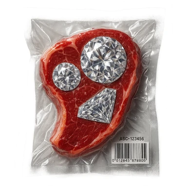 meat steak with sparkling diamond facets, glossy and puffy, vacuum-sealed style sticker