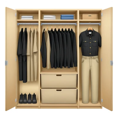 Wardrobe with both doors open showing organized collection of black shirts, khaki pants and overalls for work sticker
