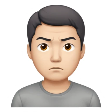 Asian man in a gray shirt with a frown sticker