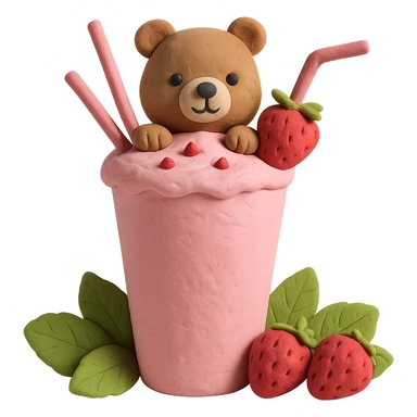 Strawberry milkshake cup with a straw, cute bear peeking out, two strawberries with green leaves, pastel colors, soft shadows, clean and minimalistic, 3D claymation style, no background sticker