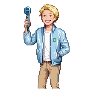 Pixel art style, expressive male performer, Caucasian features, short sandy blonde hair, lively eyes, wide cheerful smile, wearing a sky blue jacket over white tee, tossing a microphone in one hand, waist-up, front-facing sticker