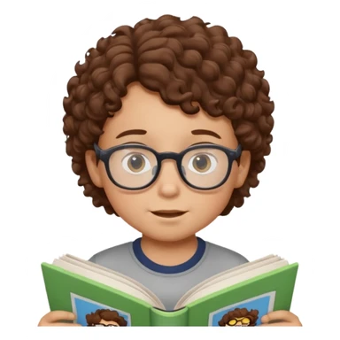 little boy with brown curly hair, wearing glasses, reading comic book sticker