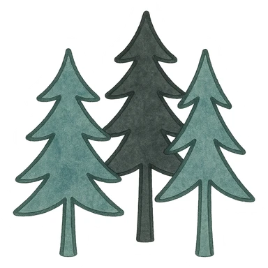 simple evergreen trees in folk art style, dark neutral forest color tones, watercolor texture with bold outlines, suitable for favicon sticker