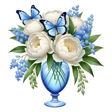 A crystal vase filled with a lush bouquet of white peonies and pale blue delphiniums sits atop a lace-covered table. A sheer ivory ribbon cascades down the side, intertwining with pearl beads, while a delicate blue butterfly flutters just above the petals sticker