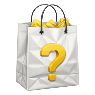 white goodiebag with yellow questions mark boxes stuffed in it sticker