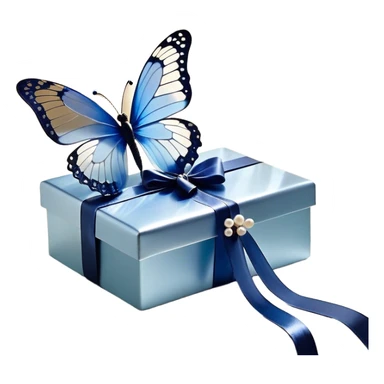 A translucent blue butterfly with pearl-like speckles rests gently on a cascading satin ribbon, its soft sheen reflecting the morning light. The ribbon, tied into an elegant bow, drapes over a lace-trimmed wooden box, while delicate shadows dance across its surface. Another butterfly, with wings as light as gossamer, flutters nearby, its movement barely stirring the air. sticker