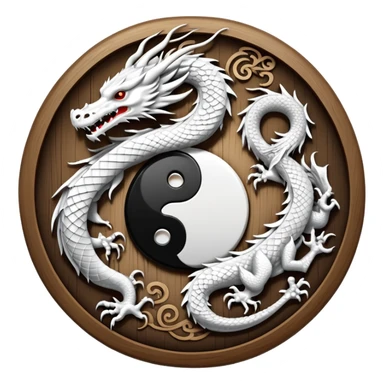 An icon symbolizing Eastern martial arts in the style of an emblem, featuring a black-and-white Yin-Yang symbol and a dragon at the center, surrounded by elements like a dojo. Transparent background highlights balance and power. sticker