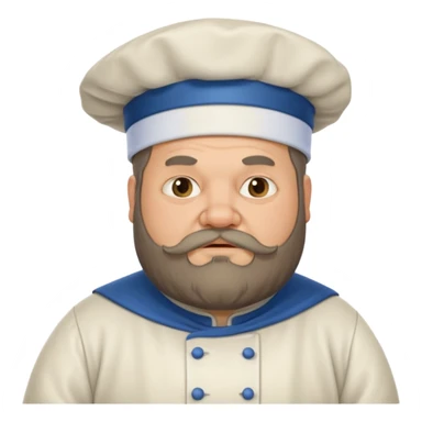 medieval fat chef, middle-aged, bearded, sly, grim-faced emoji, eil fac like hes hidinsomething sticker