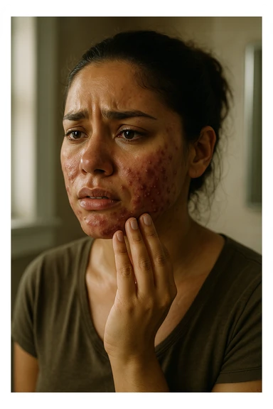 A highly realistic, cinematic portrait of a young woman in her late 20s with medium skin tone, showing visibly inflamed, deep cystic acne along her jawline, cheeks, and chin. Her skin appears red and irritated around the acne nodules, with noticeable swelling and tenderness, illustrating the painful nature of cystic acne linked to PCOS. Her facial expression shows discomfort and emotional distress, with slightly teary eyes as she gently touches an inflamed area on her jawline with her fingertips. Her hair is pulled back to clearly show the acne areas, and her skin has a slightly oily texture due to androgen-related sebum overproduction. The environment is a softly lit bathroom with neutral daylight, emphasizing the skin texture, redness, and deep acne. The style is realistic, 35mm cinematic photography with warm, neutral tones, soft shadows, and clear skin detail, providing a compassionate yet direct visualization of PCOS-related cystic acne sticker