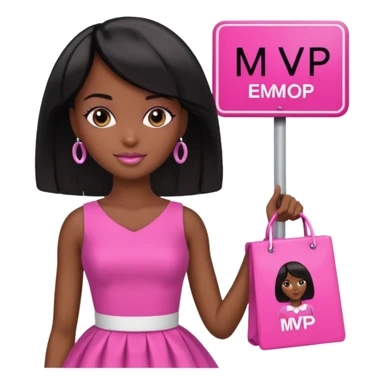 Dark skin Black barbie, short  black bob  hair, pink dress with a sign that says mvp sticker