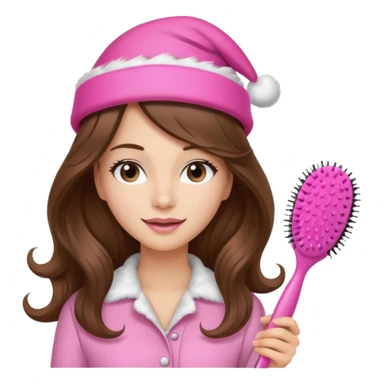 mujer peinandose en la peluqueria y con un gorro de navidad rosado, cabello largo café y ondulado sticker