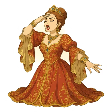 Make the drama queen on stage even more glamorous by adding ornate jewelry, a more extravagant gown, dramatic makeup, and a radiant spotlight. Keep the ghibli style with no background. sticker