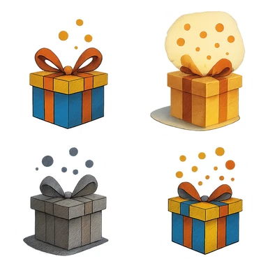 Change the box color to a blue background that complements the transparent background. Add a point detail inside the gift box. Keep the background transparent. sticker