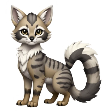 Cute kawaii cool edgy badass  ashen grey fur with smoky charcoal ombré fade fantasy-caracal-civet-genet-sergal-vernid-Gryphon-Cacomistle-Trico-oncilla-animal-Fakémon-hybrid-fursona (full body), facial markings, (realism style) sticker
