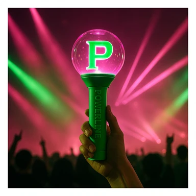 green and pink K-Pop lightstick with 'POWERLINE' on the handle, dramatic concert lighting, crowd silhouettes sticker