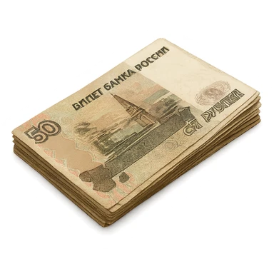 a small pile of Russian ruble banknotes, stacked and slightly fanned out, showing Cyrillic text and ornate patterns, no specific denomination, focus on recognizable Russian currency features, detailed, realistic sticker