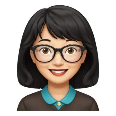 asian woman, 60 yr old, black wavy hair with bangs, big glasses  sticker