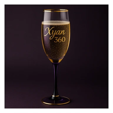 champagne glass with 'Xyan 360' etched in gold, purple and black accents, sophisticated and celebratory sticker